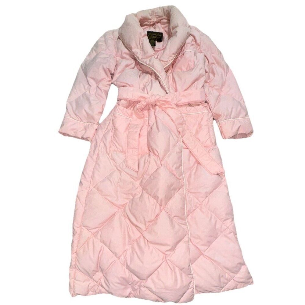 Vintage USA Eddie Bauer Goose Down Light Pink Robe Pockets Size PM Quilted Puff